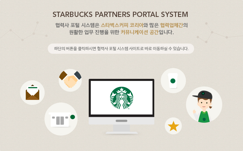 TARBUCKS PARTNERS PORTAL SYSTEM 협력사 포털 시스템은 스타벅스커피 코리아와 많은 협력업체간의 원활한 업무 진행을 위한 커뮤니케이션 공간입니다. 하단의 버튼을 클릭하시면 협력사 포털 시스템 사이트로 바로 이동하실 수 있습니다.